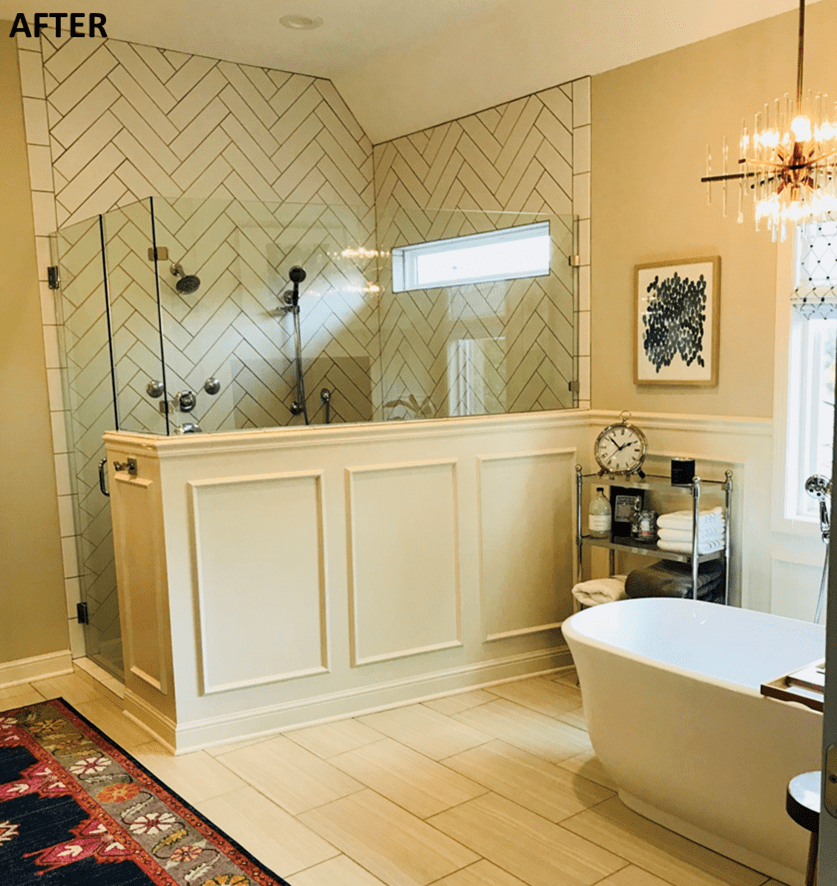 After photos of shower remodel with tile in herringbone pattern - Johnson