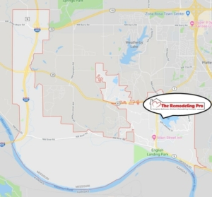 Map of Parkville, MO, prominently featuring the Remodeling Pro logo, indicating the service area for home remodeling and renovation projects in Parkville.