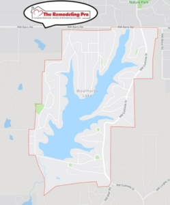 Map of Weatherby Lake, MO, prominently featuring the Remodeling Pro logo, indicating the service area for home remodeling and renovation projects in Weatherby Lake.