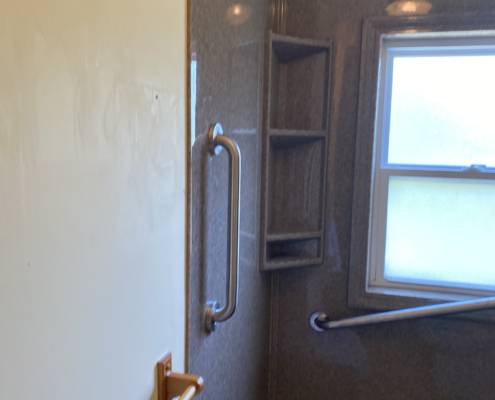 Picture of the Ray bathroom remodel, showing grey Onyx surround, shower caddy, seat and grab bars.